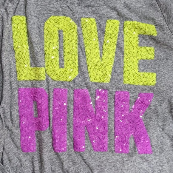 🧡 PINK Victoria's Secret Grey Long Sleeve with Sequin LOVE PINK - Picture 2 of 3